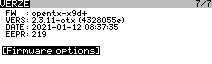 stránka sys menu s verzí, dole je tlačítko [firmware options]